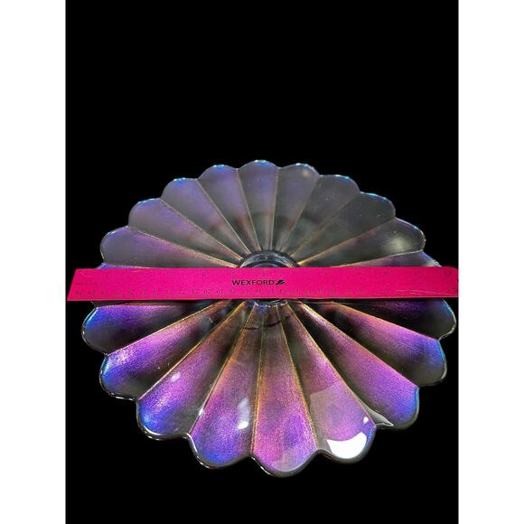 Vtg Carnival Glass cake stand - Iridescent Starburst/ Floral Design 12” X4” - Picture 3 of 6